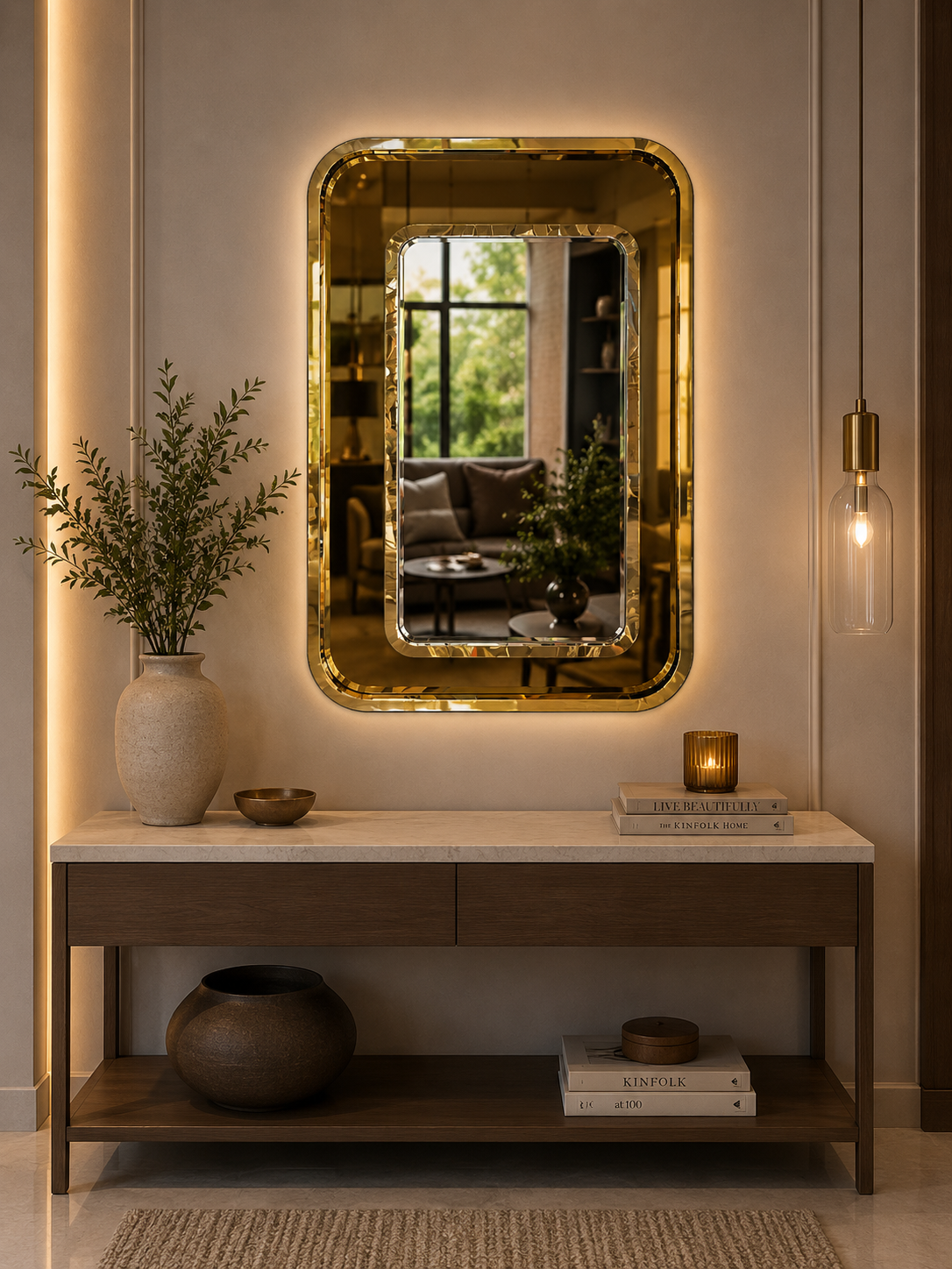 PG 10040 Two Layer Rectangle Shape SS PVD Designer Mirror with Light