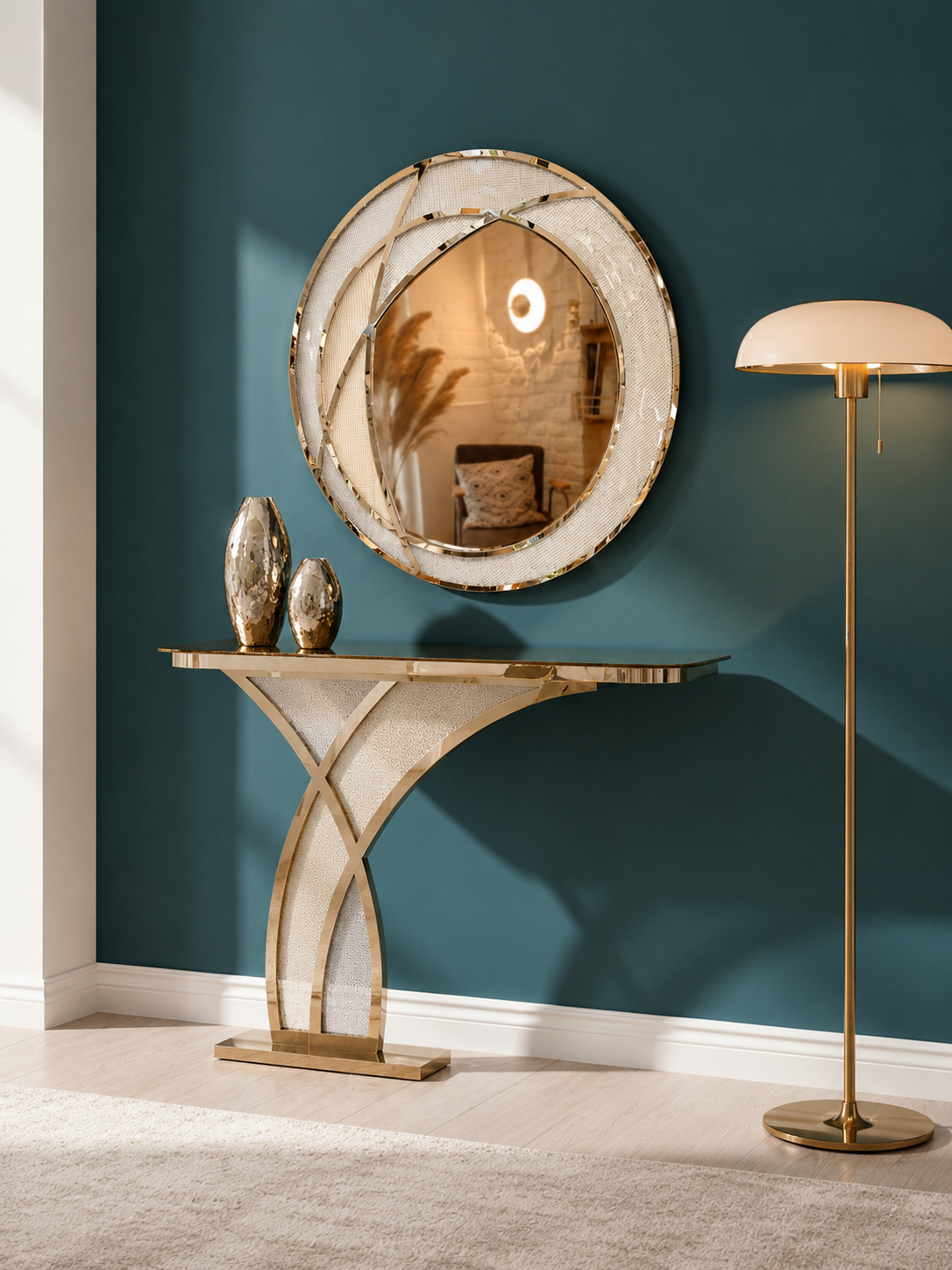PG-45-Round Shape Designer Mirror With Fabric Lamination Glass & Matching Console Table