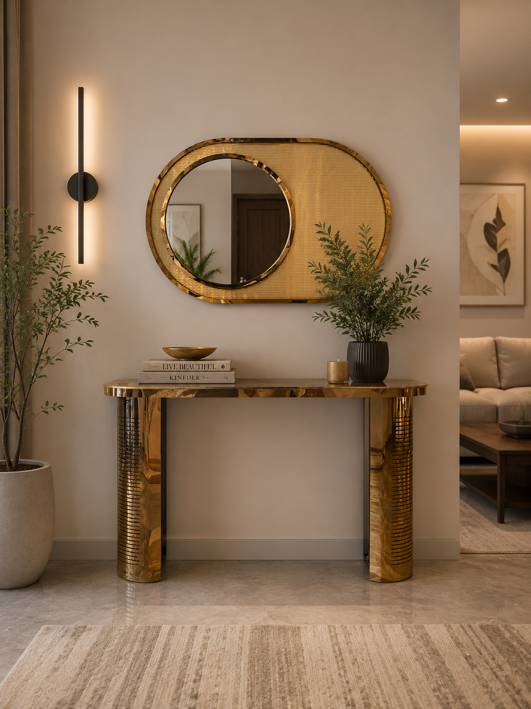 PG 10016 Double Layer SS PVD In Horizontal Capsule Shape Mirror with Console Table