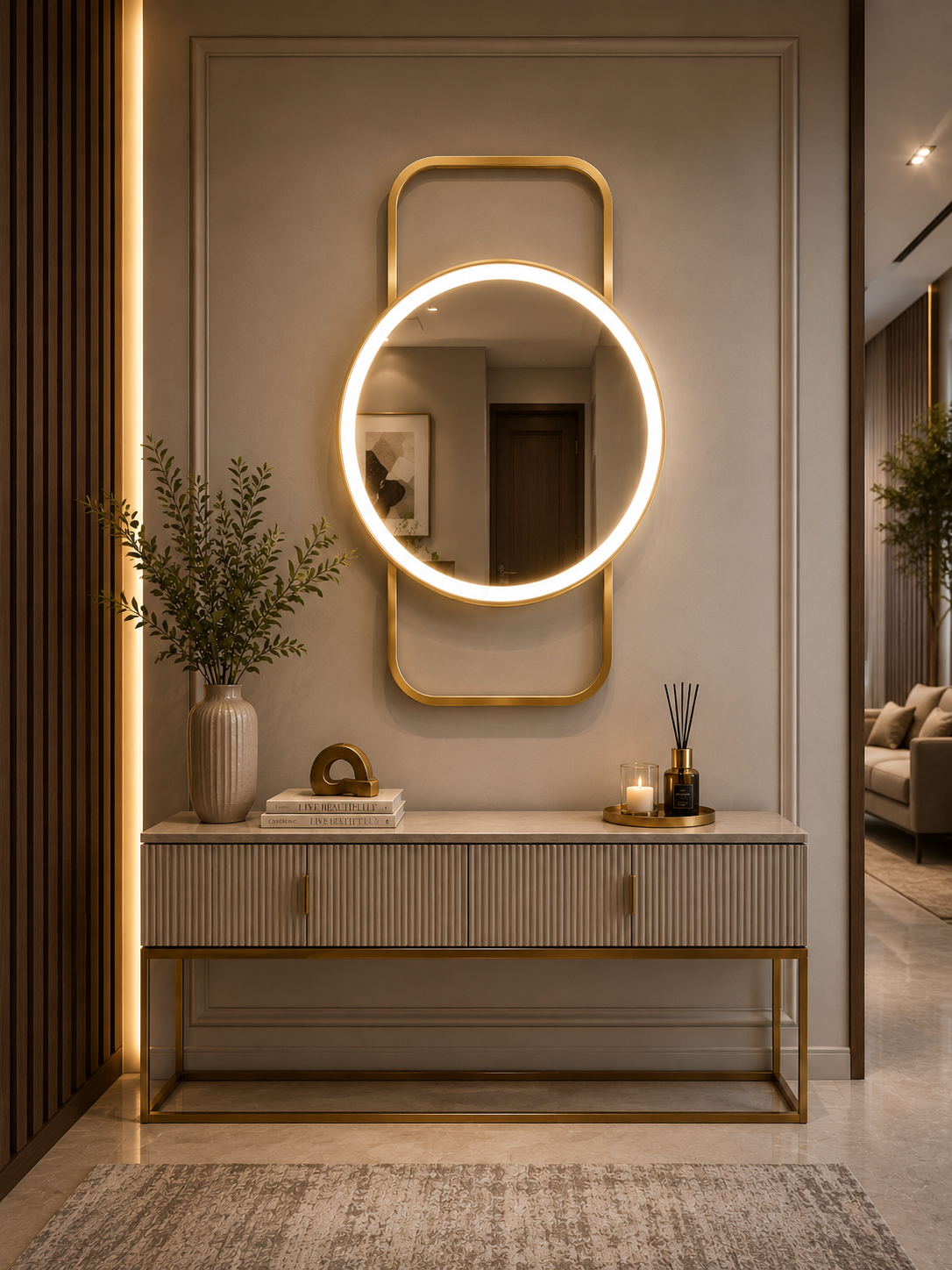 PG 10019 Double Layer asymmetric Shape Mirror with LED Light In Centre