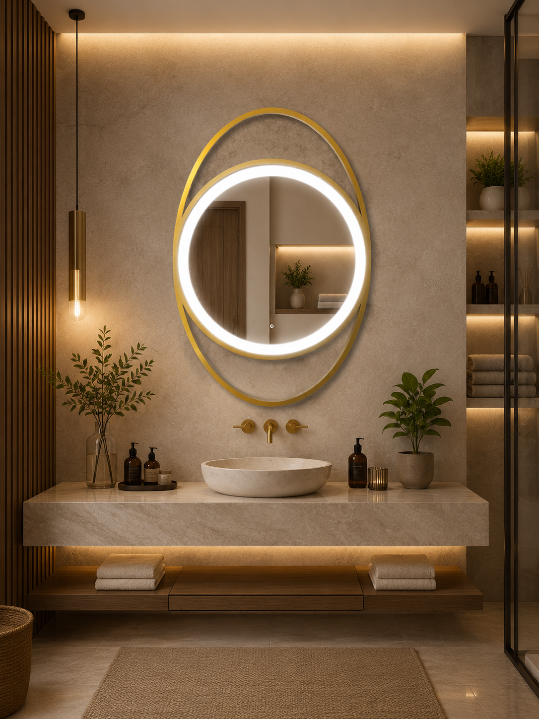 PG 10020 Double Layer Oval Shape Mirror with LED Light In Centre