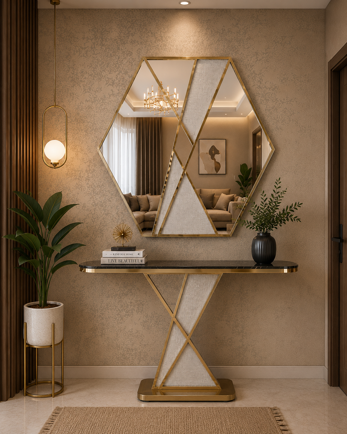 PG 10021 asymmetric Shape Designer SS PVD Mirror with Matching Console Table