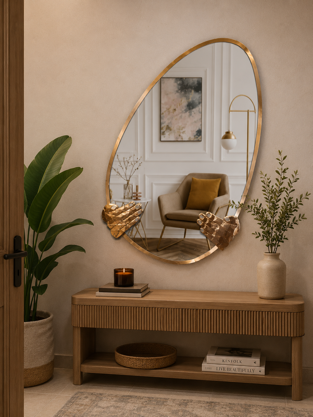 PG 10032 asymmetric Shape SS PVD Mirror with Hand Design