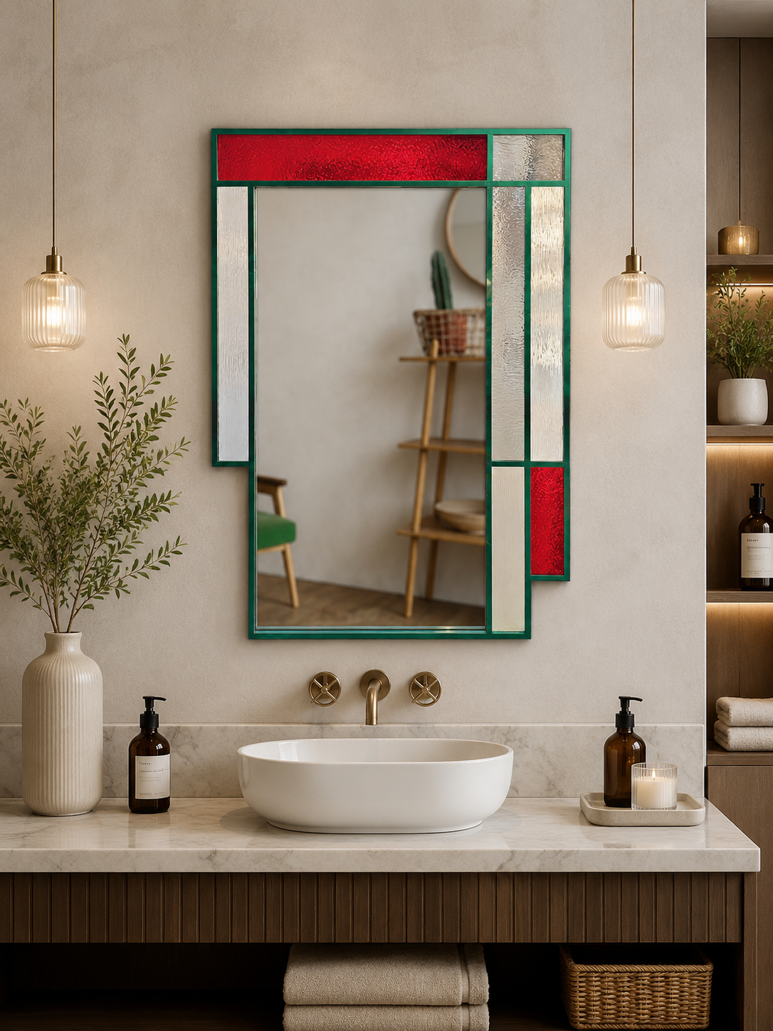 PG 10036 asymmetric Shape SS PVD Designer Mirror with Color Stain Glass Option