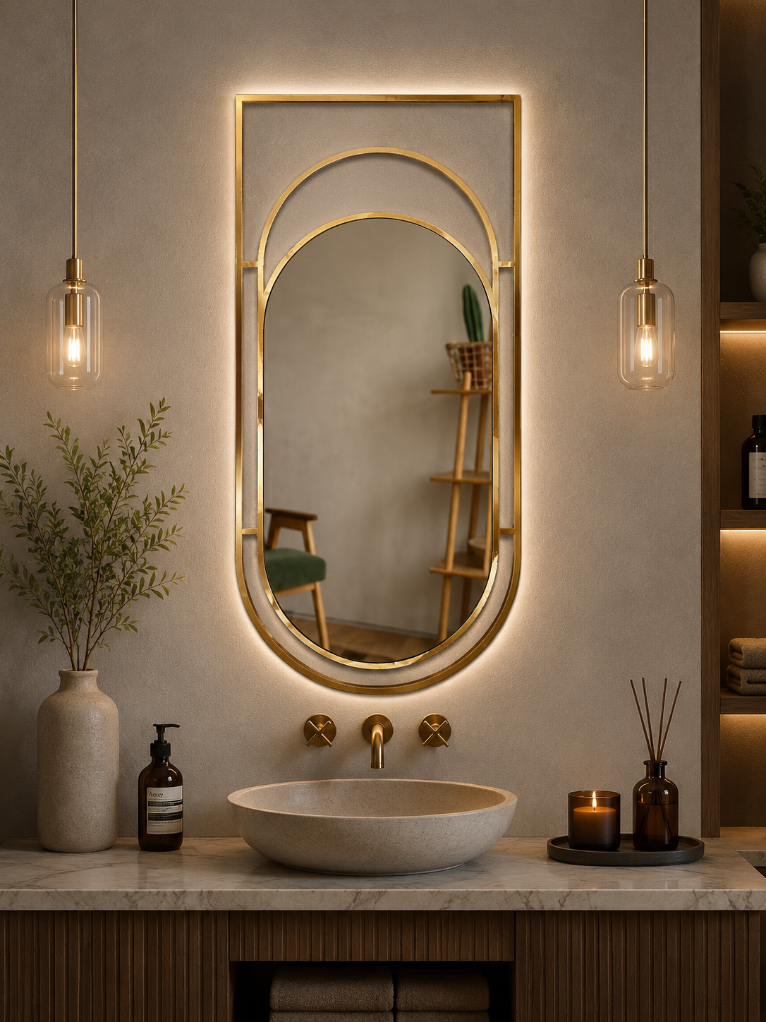 PG 10040 Three Layer asymmetric Shape SS PVD Designer Mirror with Light