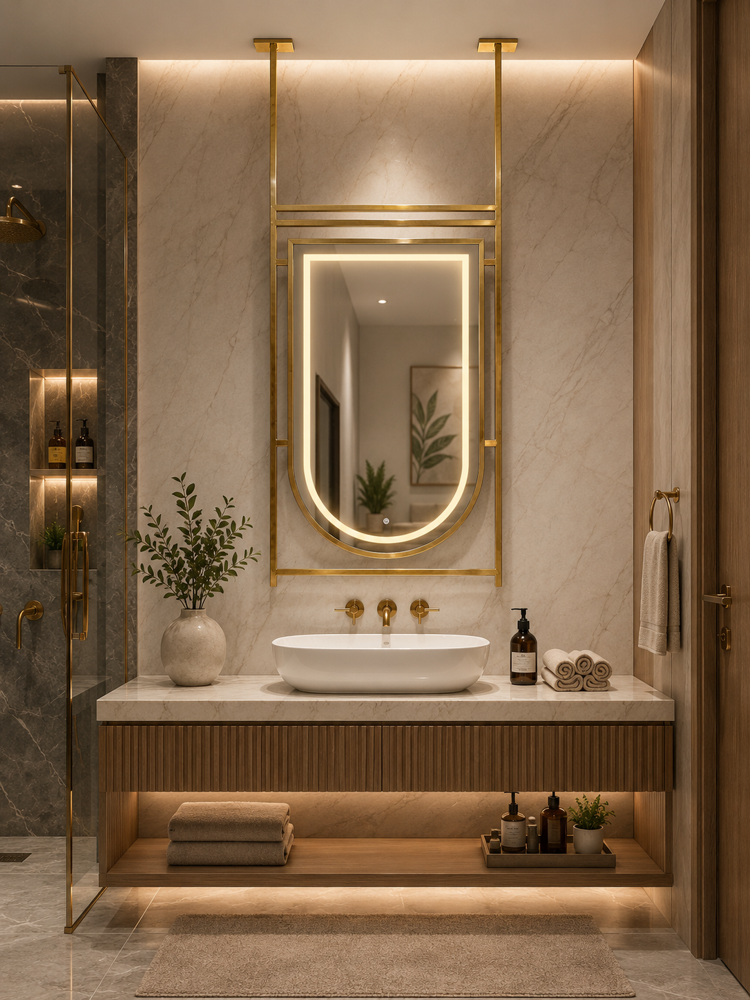 PG 10006 asymmetric shape SS PVD Mirror with Hanging & LED Light Option