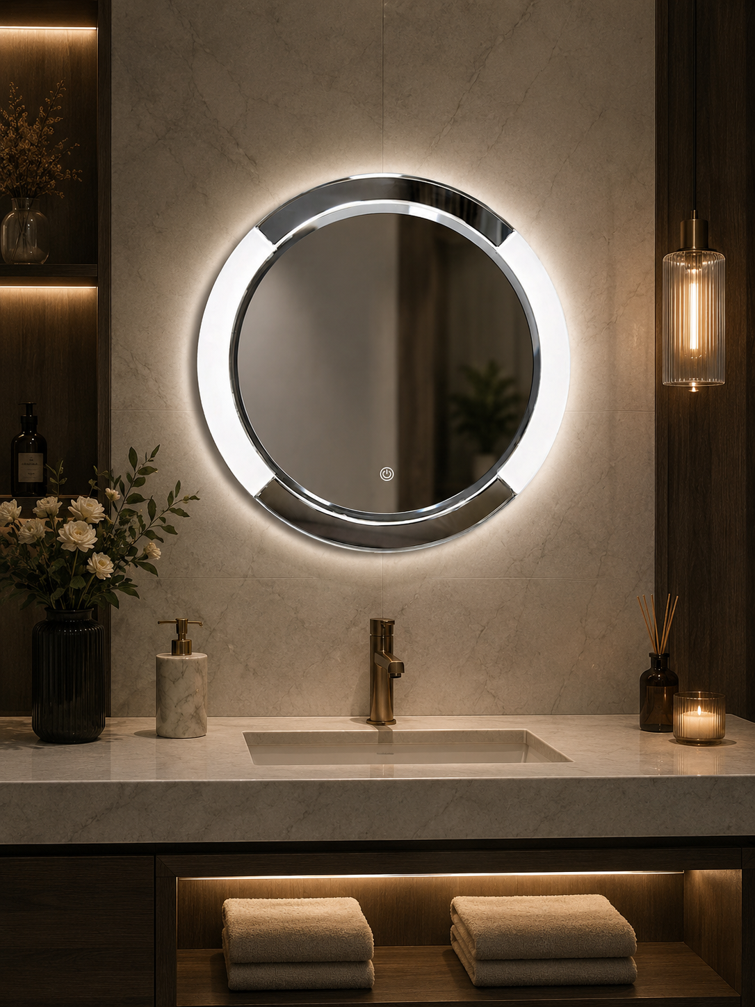 DG-105A - Round Shape Acrylic Border LED Mirror with tukdi Mirror