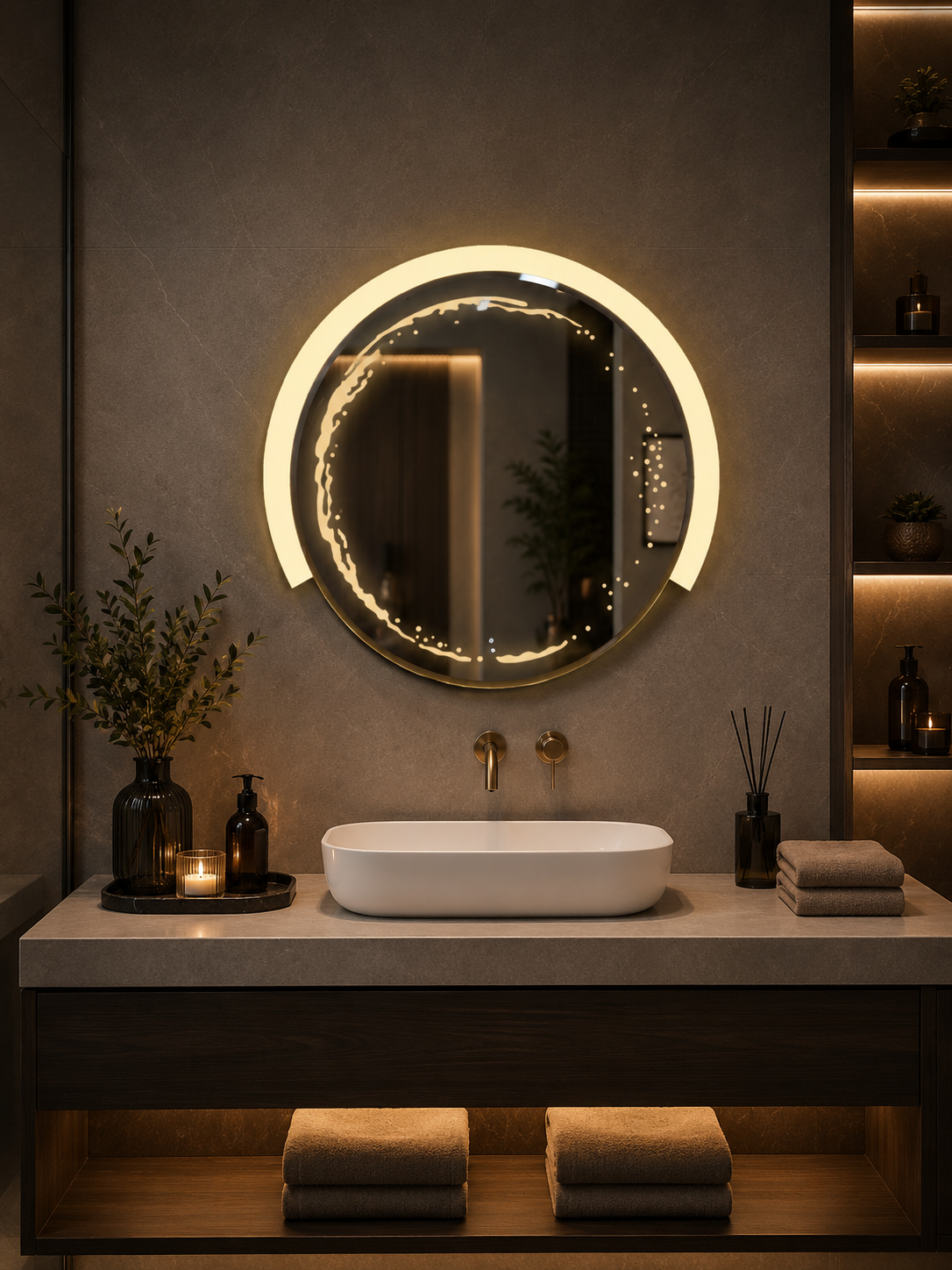 DG-106A - Round Shape Acrylic Border LED Mirror with Leaser Design