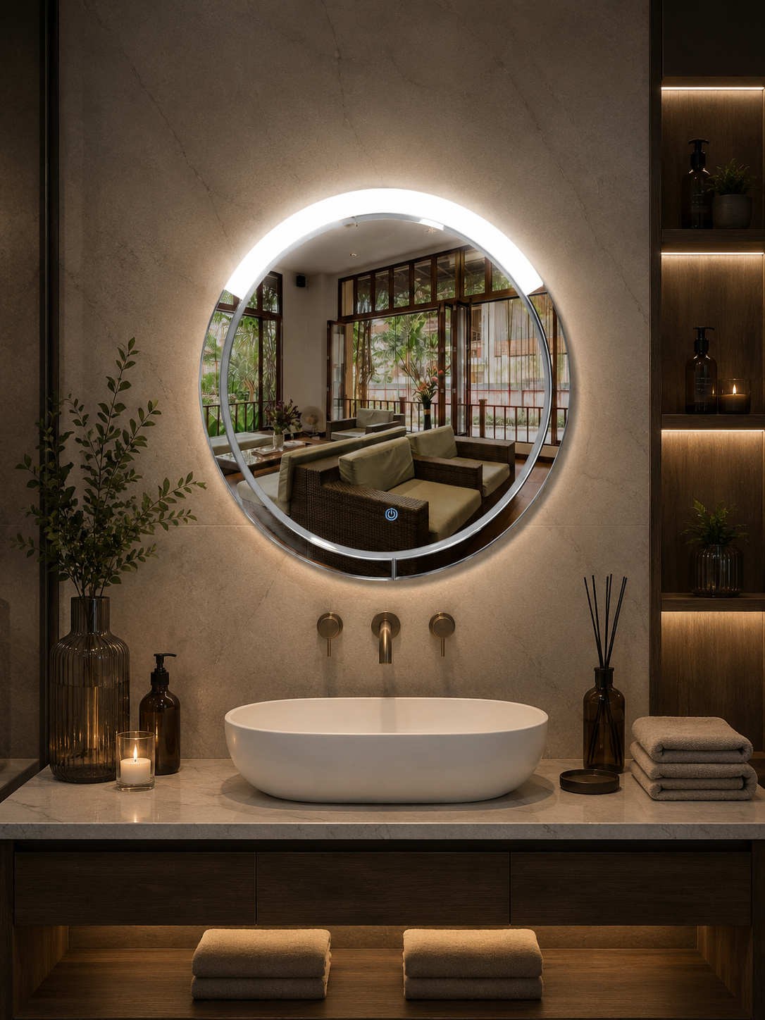 DG-109A - Round Shape Acrylic Border LED Mirror with tukdi Mirror